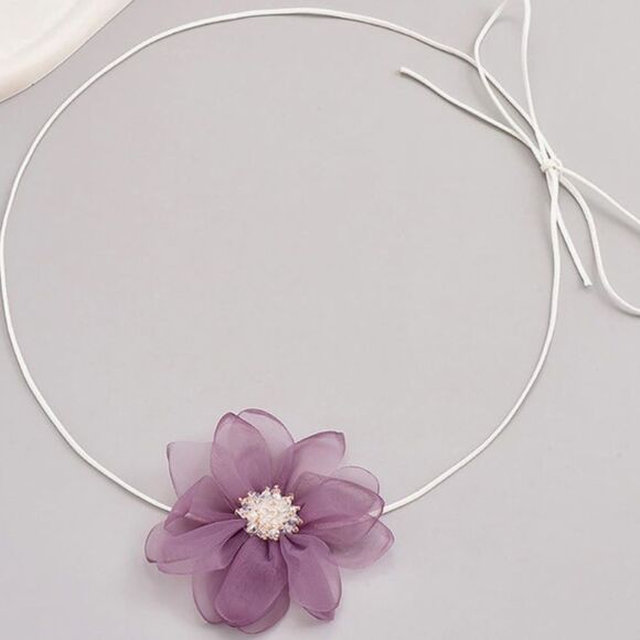 Lavender Purple Flower Crystal Fabric Rosette Choker Wrap Necklace - NEW - Picture 4 of 4